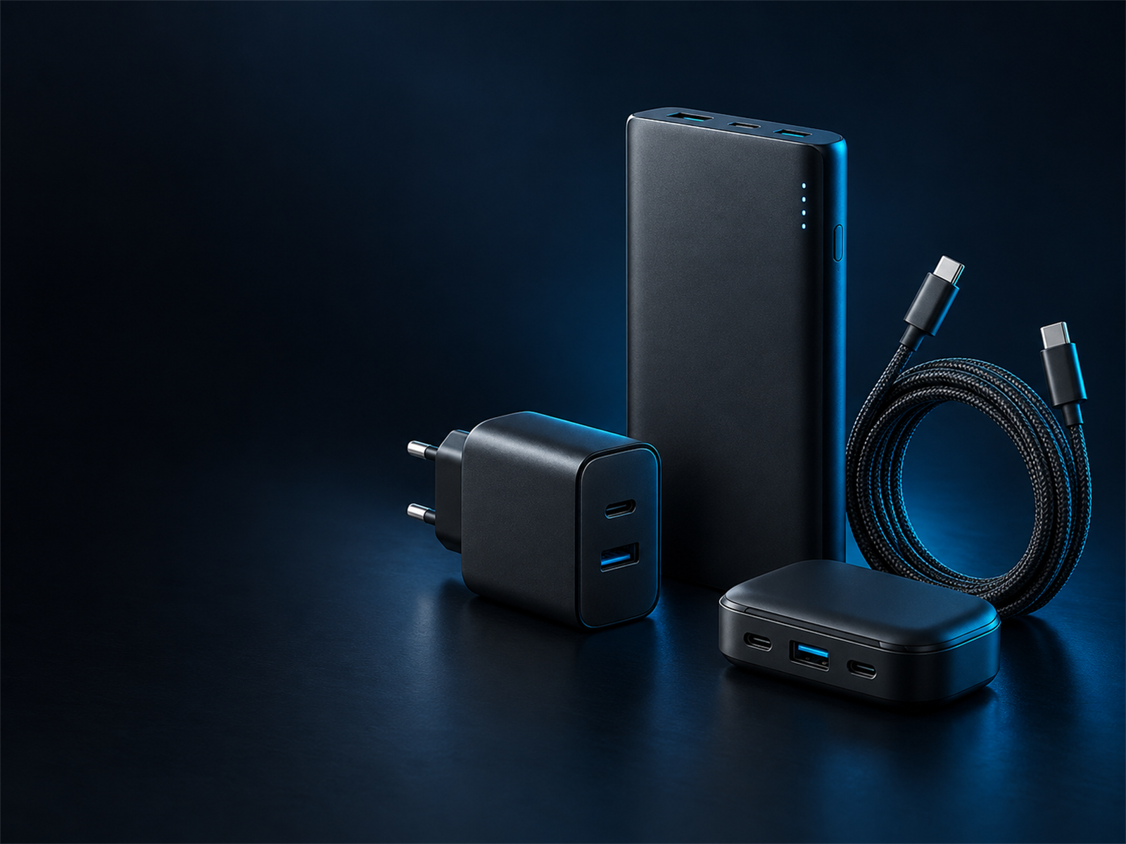 Powerbank, adaptör ve örgülü USB-C kablodan oluşan enerji aksesuarları